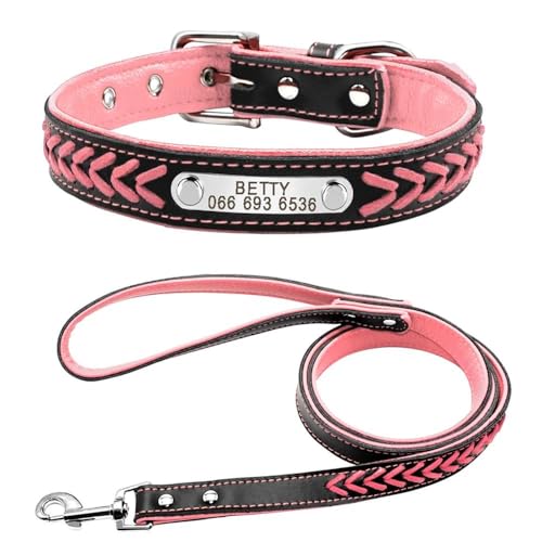 Hundehalsband und Leine, Leder, handgewebt, personalisierbar, Namensschild, Haustierhalsband, Anti-Verlust, verstellbares Katzen- und Hundehalsband und Leine, Set, B, L von HAQEPO