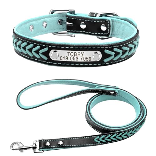 Hundehalsband und Leine, Leder, handgewebt, personalisierbar, Namensschild, Haustierhalsband, Anti-Verlust, verstellbares Katzen- und Hundehalsband und Leine, Set, C, L von HAQEPO