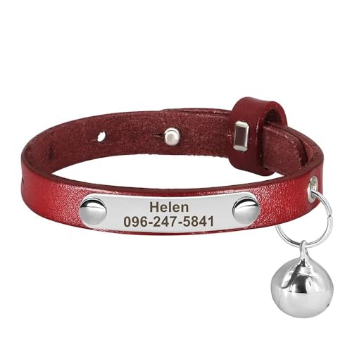 Katzenhalsband aus PU-Leder, personalisierbar, mit Haustier-ID, Namensschild, Halsband, Anti-Verlust, verstellbares Haustierhalsband, Rot, Größe S, 15–23 cm von HAQEPO