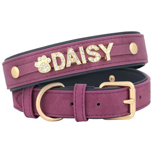 Personalisiertes, glänzendes Strasshalsband für Haustiere, zum Selbermachen, personalisiertes Leder, Erkennungsmarke, Hundehalsband, Anti-Verlust, verstellbar, mit Knochenklauen-Herzanhänger, Lila, von HAQEPO