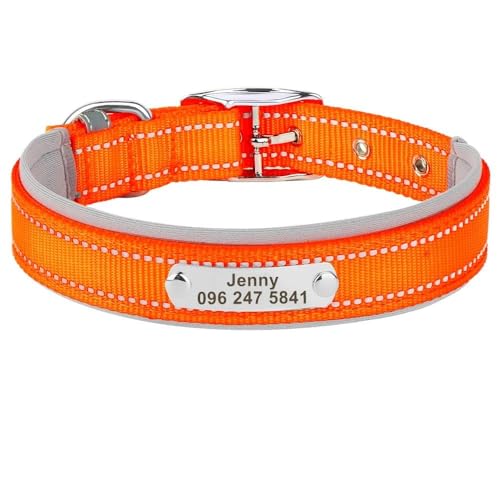 Personalisiertes Haustierhalsband für den Außenbereich, reflektierend, Nylon, Anti-Verlust, verstellbar, Katzen- und Hundemarke, Namensschild, Halsband für Chihuahua, Mops, Orange, Größe L von HAQEPO