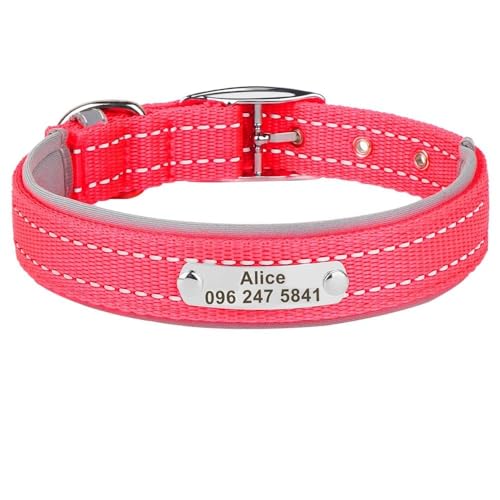 Personalisiertes Haustierhalsband für den Außenbereich, reflektierend, Nylon, Anti-Verlust, verstellbar, Katzen- und Hundemarke, Namensschild, Halsband für Chihuahua, Mops, Rosenrot, Größe L von HAQEPO