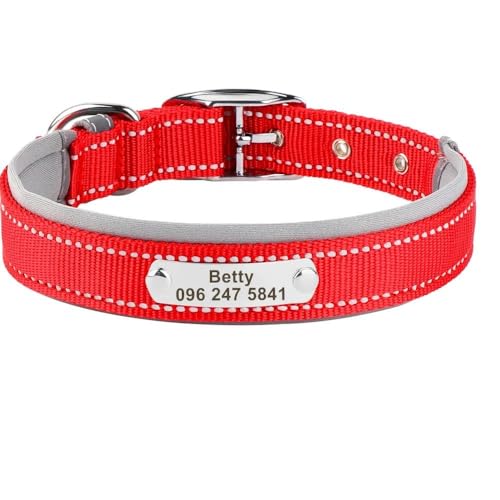 Personalisiertes Haustierhalsband für den Außenbereich, reflektierend, Nylon, Anti-Verlust, verstellbar, Katzen- und Hundemarke, Namensschild, Halsband für Chihuahua, Mops, Rot, Größe L von HAQEPO