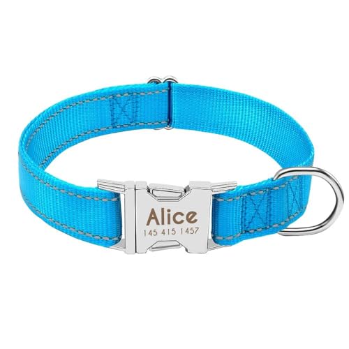 Personalisiertes Hundehalsband, reflektierend, Nylon, mit Anti-Verlust-Erkennungsmarke, Namensschild, Hundehalsband, verstellbar, Blau, Größe L von HAQEPO