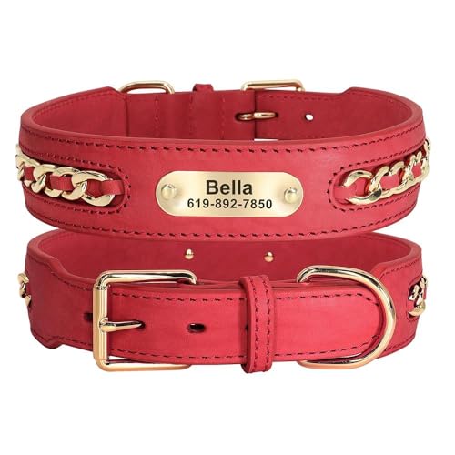 Personalisiertes Hundehalsband aus PU-Leder, mit Namensschild, personalisierbar, Anti-Verlust, verstellbares Haustierhalsband mit Namensschild, Rot, Größe M von HAQEPO