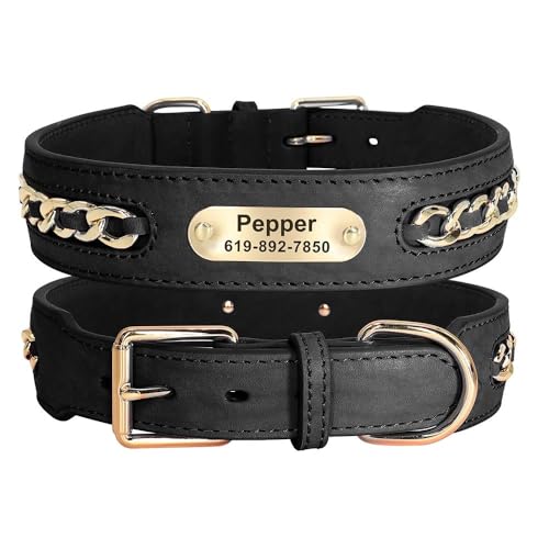 Personalisiertes Hundehalsband aus PU-Leder, mit Namensschild, personalisierbar, Anti-Verlust, verstellbares Haustierhalsband mit selbstgemachtem Namensschild, Schwarz, Größe XL von HAQEPO