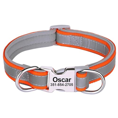 Reflektierendes Hundehalsband für den Außenbereich, personalisierbar, mit individueller Gravur, weiches und bequemes Nylon, verstellbar, geeignet für Chihuahua, Labrador, Mops, Orange, Größe M von HAQEPO