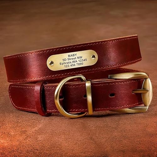 Verstellbares Anti-Verlust-Halsband für Haustiere, personalisierbar, aus echtem Leder, mit Namensschild, geeignet für Französische Bulldogge, Deutscher Schäferhund, Labrador, Rot, Größe S von HAQEPO