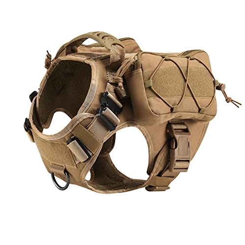 HARD LAND Taktisches Hundegeschirr mit 2 abnehmbaren Taschen für große mittelgroße Hunde, kein Ziehen, Militär-Molle-Weste, 2 Metallschnallen, braun, Größe XL von HARD LAND