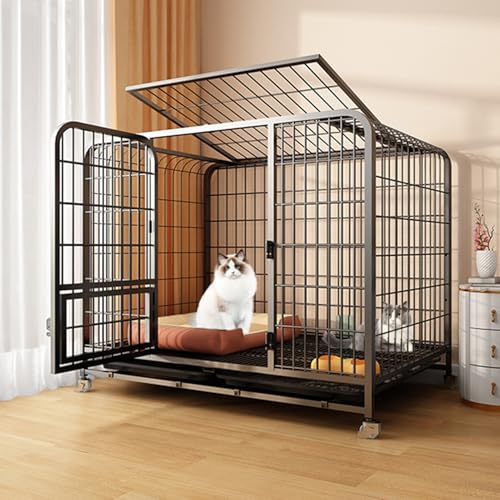 Großer Katzenkäfig für den Innenbereich, DIY-Katzengehege, Haustier-Laufstall für Den Innenbereich auf Rädern, Ausziehbares Tablett, Ideal für Katzen und andere kleine Tiere(Black,110 * 74 * 96cm) von HARELA