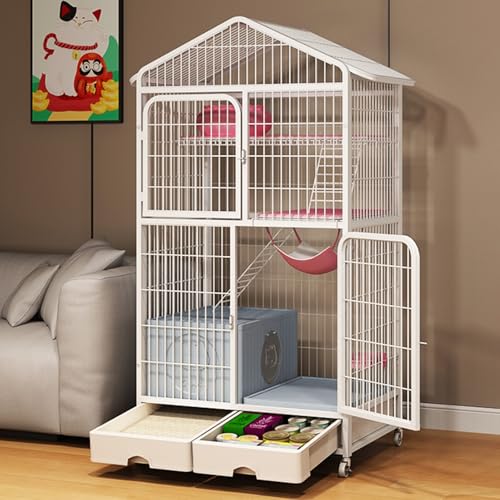 Katzen freilaufgehege, 3/4-stöckige Katzenhaus aus Metalldraht, mit Rollen und ausziehbarem Tablett, Balkon Drinnen Draußen Metall Käfig für 1-3 Katze(White,83 * 59 * 160cm) von HARELA