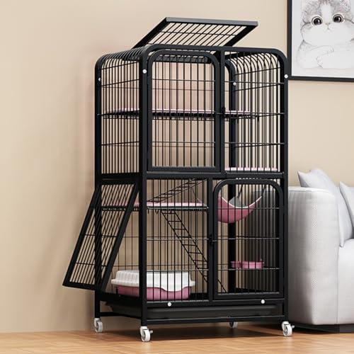 Katzen freilaufgehege Katzenkäfig mit 4 Ebenen, großes Katzengehege auf Rädern, Ausziehbares Tablett, Balkon Drinnen Draußen Metall Käfig für 1-3 Katze(Black,71 * 55 * 127cm) von HARELA