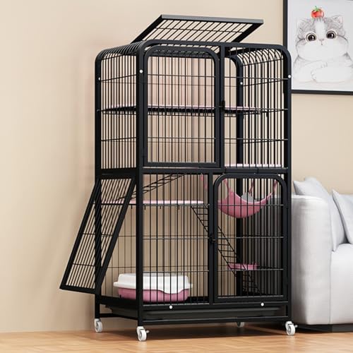 Katzen freilaufgehege Katzenkäfig mit 4 Ebenen, großes Katzengehege auf Rädern, Ausziehbares Tablett, Balkon Drinnen Draußen Metall Käfig für 1-3 Katze(Black,78 * 55 * 137cm) von HARELA