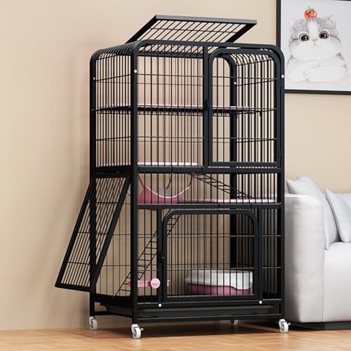 Katzen freilaufgehege Katzenkäfig mit 4 Ebenen, großes Katzengehege auf Rädern, Ausziehbares Tablett, Balkon Drinnen Draußen Metall Käfig für 1-3 Katze(Black,78 * 55 * 138cm) von HARELA