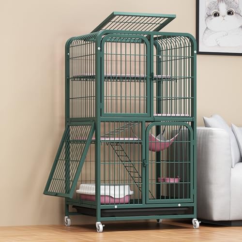 Katzen freilaufgehege Katzenkäfig mit 4 Ebenen, großes Katzengehege auf Rädern, Ausziehbares Tablett, Balkon Drinnen Draußen Metall Käfig für 1-3 Katze(Green,71 * 55 * 127cm) von HARELA