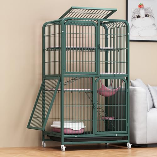 Katzen freilaufgehege Katzenkäfig mit 4 Ebenen, großes Katzengehege auf Rädern, Ausziehbares Tablett, Balkon Drinnen Draußen Metall Käfig für 1-3 Katze(Green,78 * 55 * 137cm) von HARELA