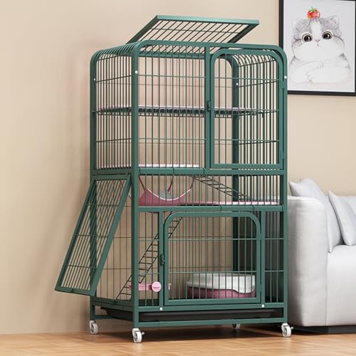 Katzen freilaufgehege Katzenkäfig mit 4 Ebenen, großes Katzengehege auf Rädern, Ausziehbares Tablett, Balkon Drinnen Draußen Metall Käfig für 1-3 Katze(Green,78 * 55 * 138cm) von HARELA