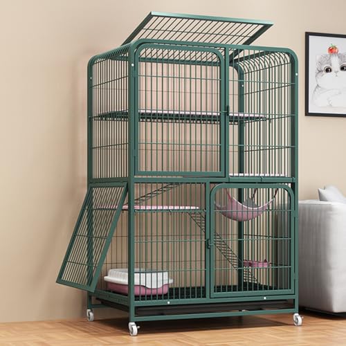 Katzen freilaufgehege Katzenkäfig mit 4 Ebenen, großes Katzengehege auf Rädern, Ausziehbares Tablett, Balkon Drinnen Draußen Metall Käfig für 1-3 Katze(Green,85 * 62 * 147cm) von HARELA