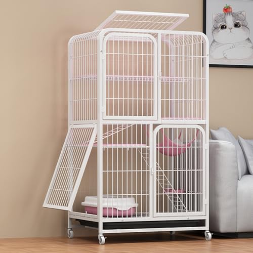 Katzen freilaufgehege Katzenkäfig mit 4 Ebenen, großes Katzengehege auf Rädern, Ausziehbares Tablett, Balkon Drinnen Draußen Metall Käfig für 1-3 Katze(White,78 * 55 * 137cm) von HARELA