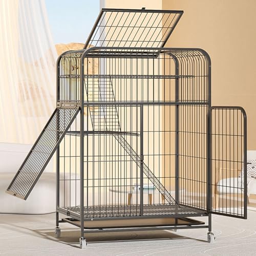 Katzenhaus Outdoor Catio Kitty Gehege, 3/4-stöckiger Katzenkäfig, großes Katzengehege auf Rädern, Ausziehbares Tablett, Balkon Drinnen Draußen Metall Käfig für 1-3 Katze(78 * 55 * 110cm) von HARELA