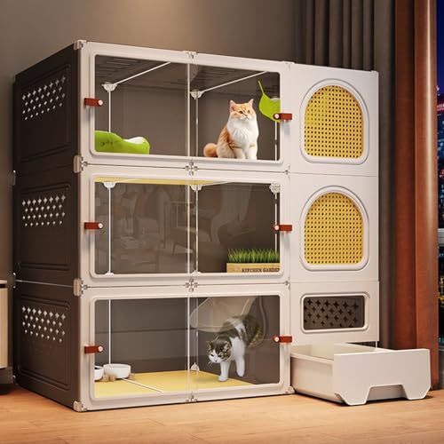 Katzenhaus Outdoor Catio Kitty Gehege, Großer Katzenkäfig mit 3 Ebenen und Katzentoilette, Haustier-Laufstall für Den Innenbereich, für 1–2 Katzen, Chinchilla von HARELA