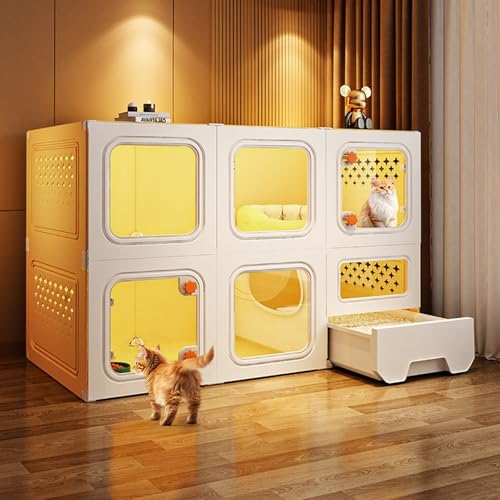 Katzenhaus Outdoor Catio Kitty Gehege, Katzenkäfige für den Innenbereich mit Katzentoilette, Verdickter Kunststoff + Harzmaterial, Ideal für Katzen und andere kleine Tiere(Yellow,70 * 45 * 105cm) von HARELA