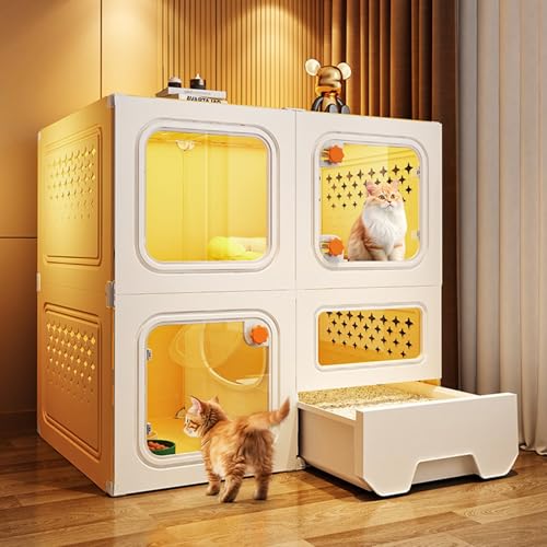 Katzenhaus Outdoor Catio Kitty Gehege, Katzenkäfige für den Innenbereich mit Katzentoilette, Verdickter Kunststoff + Harzmaterial, Ideal für Katzen und andere kleine Tiere(Yellow,70 * 45 * 70cm) von HARELA