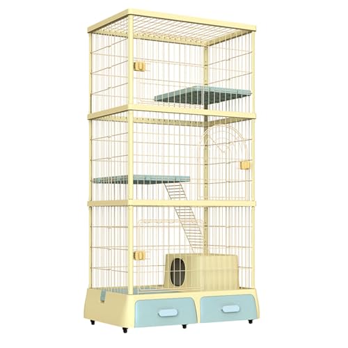 Katzenkäfig für Draußen, 2/3-stöckiger Großer Katzenkäfig mit Leitern, Katzengehege mit Rollen, Katzenkäfig mit dichtem Metalldraht, Ideal für Katzen und andere kleine Tiere(Yellow,178 * 94 * 64cm) von HARELA