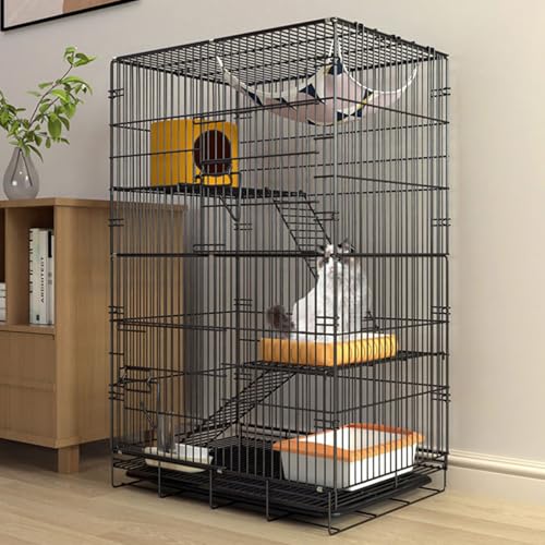 Katzenkäfig für Draußen, Falten 3-stöckig Katzengehege, DIY-Katzengehege, Katzenkäfig mit dichtem Metalldraht, Ausziehbares Tablett, für 1–2 Katzen, Chinchilla(Black) von HARELA