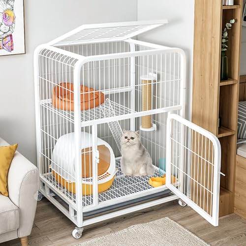 Katzenkäfig mit 2 Ebenen und 2 Türen Katzengehege, Kleintierkäfig, Katzenkäfig mit dichtem Metalldraht, mit Rollen und herausnehmbarem Tablett, Ideal für Katzen und andere kleine Tiere von HARELA