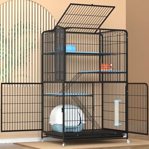 Katzenkäfig mit 4 Ebenen, Großes Katzengehege, Multifunktion Katzenhaus mit Rädern, Herausnehmbarem Tablett, Balkon Drinnen Draußen Metall Käfig für 1-3 Katze(Black) von HARELA