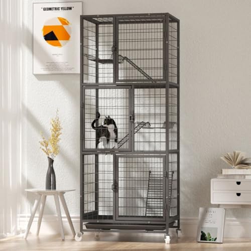 Katzenkäfig mit 4 Ebenen, Katzenkäfig für Draußen, großes Katzengehege auf Rädern, Ausziehbares Tablett, Balkon Drinnen Draußen Metall Käfig für 1-3 Katze(Black) von HARELA