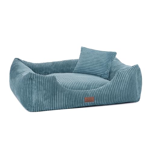 HAUSITY Hundebett mit kleinem Kissen - Weiche Hundeliege - für Mittelgroße und Große Hunde - Bequemes Hundesofa, Hundebett Waschbar - Hundebett Cord Grün - 70x60x20cm von HAUSITY