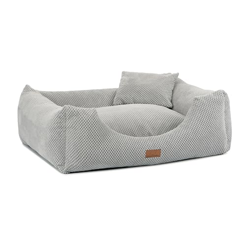 HAUSITY Hundebett mit kleinem Kissen - Weiche Hundeliege - für Mittelgroße und Große Hunde - Bequemes Hundesofa, Hundebett Waschbar - Hundebett Velours Grau - 70x60x20cm von HAUSITY