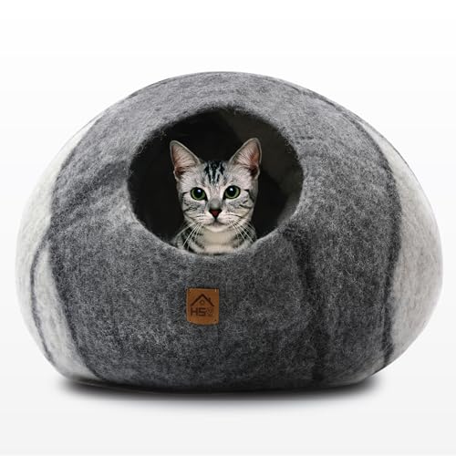 Wolle Katzenhöhle großes Bett Haustierhaus Natürlicher Filz Schlafnest Bio Merino für Katzen Kätzchen Versteck Indoor Cove Umweltfreundlich 48 cm Rund (Groß Grau Weiß) von HAUSSIMPLE