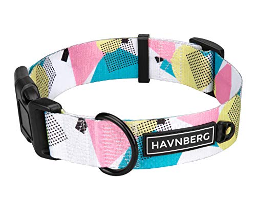 Hundehalsband Gr. M/L Halsumfang 33,0cm – 66,0cm, breites Halsband für mittelgroße und große Hunde, schwarz, türkis, weiß, Miami 80s Design (M, Miami Design) von HAVNBERG