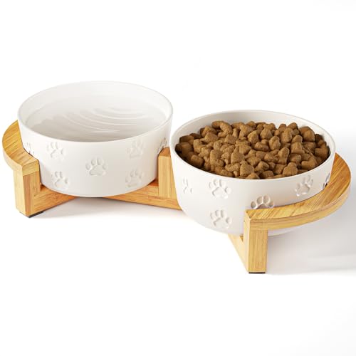 Keramik Hundenäpfe mit Ständer - Mittleres Hundenapf-Set mit Ständer rutschfest - 2 Keramikschalen mit rutschfestem Bambusständer für mittelgroße Hunde - Erhöhte Hundenäpfe 2er Set - Erhöhte von HB Design Co.