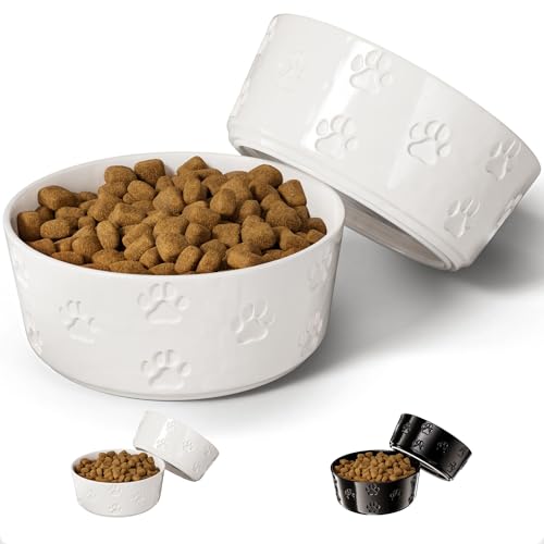 Keramik Hundenapf Set mit Anti-Rutsch-Ringen - 16,5 cm rund x 6,3 cm hoch 2er Set Keramik Hundenäpfe Mittlere Größe Hund - Hundefutter und Wassernapf - Weiße Hundenäpfe - Hundenäpfe Kleine Größe Hund von HB Design Co.