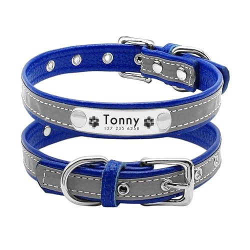 Graviertes reflektierendes Hundehalsband, Anti-Verlust-Leder, rostfreies Namensschild, ID-Name, Stahlschnalle, rosa, kleine, mittelgroße und große Hunde(Blue,M28936cm) von HBJzxlOK