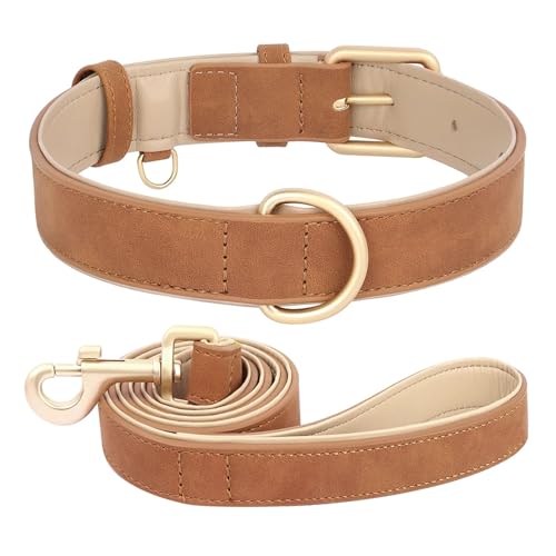 Hundehalsband und Leine im Set aus Leder, weich gepolstert, aus Leder, verstellbare Halskette für kleine, mittelgroße und große Hunde, Pitbull, Mops(Brown Set,XL) von HBJzxlOK