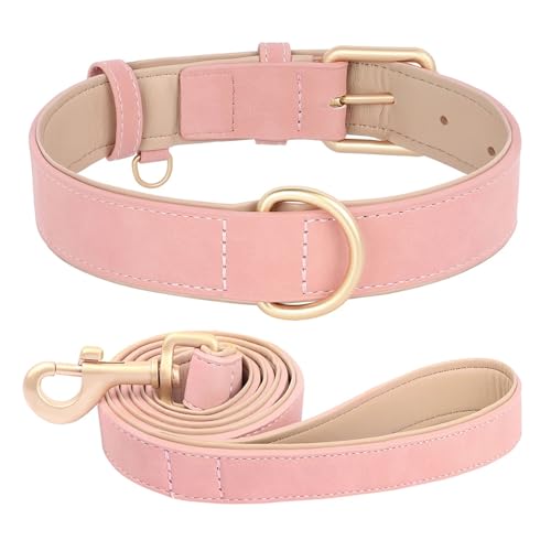 Hundehalsband und Leine im Set aus Leder, weich gepolstert, aus Leder, verstellbare Halskette für kleine, mittelgroße und große Hunde, Pitbull, Mops(Pink Set,L) von HBJzxlOK