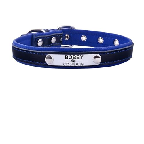 Personalisiertes Hundehalsband aus PU-Leder, Hundehalsbänder, weich gepolstert, Haustierhalskette für kleine, mittelgroße und große Hunde, Mops, Bulldogge(Blue,M 29-38cm) von HBJzxlOK