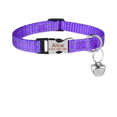 Personalisiertes Katzenhalsband aus reinem Nylon, individuelle Schnalle, graviertes Halsband, Namensschild, verstellbar, bunt, für den Sommer, geeignet für S-Katzen(DarkViolet) von HBJzxlOK