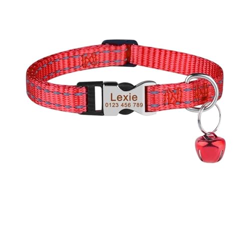 Personalisiertes Katzenhalsband aus reinem Nylon, individuelle Schnalle, graviertes Halsband, Namensschild, verstellbar, bunt, für den Sommer, geeignet für S-Katzen(Red 2) von HBJzxlOK