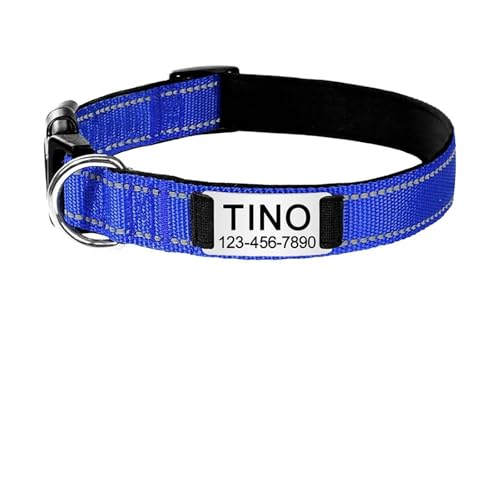 Personalisiertes reflektierendes Hundehalsband mit individueller Gravur, personalisiertes Etikett, großer Name, verstellbare Hunde(Dark Blue,L 34-56cm) von HBJzxlOK