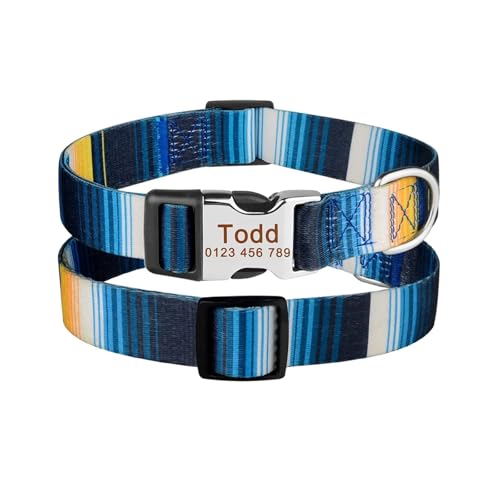 Verstellbares Hundehalsband aus Nylon mit individuellem Namen und kostenlosem Namensschild, bedrucktes ID-Tag, personalisierbar, kleine, große und mittelgroße Hundehalsbänder mit Gravur(Blue 17,M 32-5 von HBJzxlOK