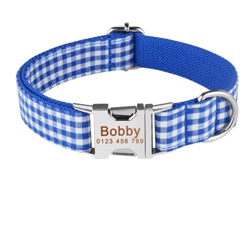 Verstellbares Hundehalsband mit personalisiertem Namen und Gravur aus Nylon für kleine, mittelgroße und große Hunde(Blue Plaid,XS 22-31cm) von HBJzxlOK