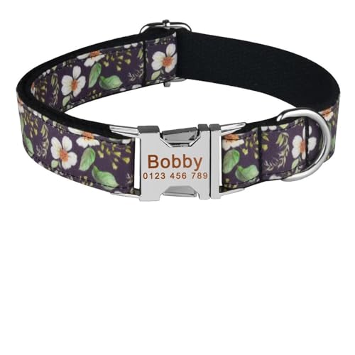 Verstellbares Hundehalsband mit personalisiertem Namen und Gravur aus Nylon für kleine, mittelgroße und große Hunde(Flora Black,M 31-50cm) von HBJzxlOK