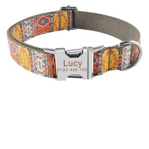 Verstellbares Hundehalsband mit personalisiertem Namen und Gravur aus Nylon für kleine, mittelgroße und große Hunde(Gray Bohemian,M 31-50cm) von HBJzxlOK