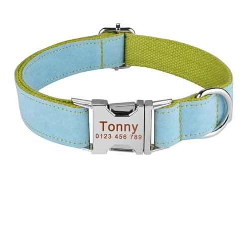 Verstellbares Hundehalsband mit personalisiertem Namen und Gravur aus Nylon für kleine, mittelgroße und große Hunde(Green Blue,S 26-40cm) von HBJzxlOK